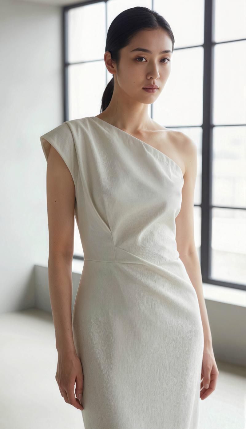 大きな窓のある誰もいない部屋に、白いワンショルダーのドレスを着て自信を持って立ってい...。