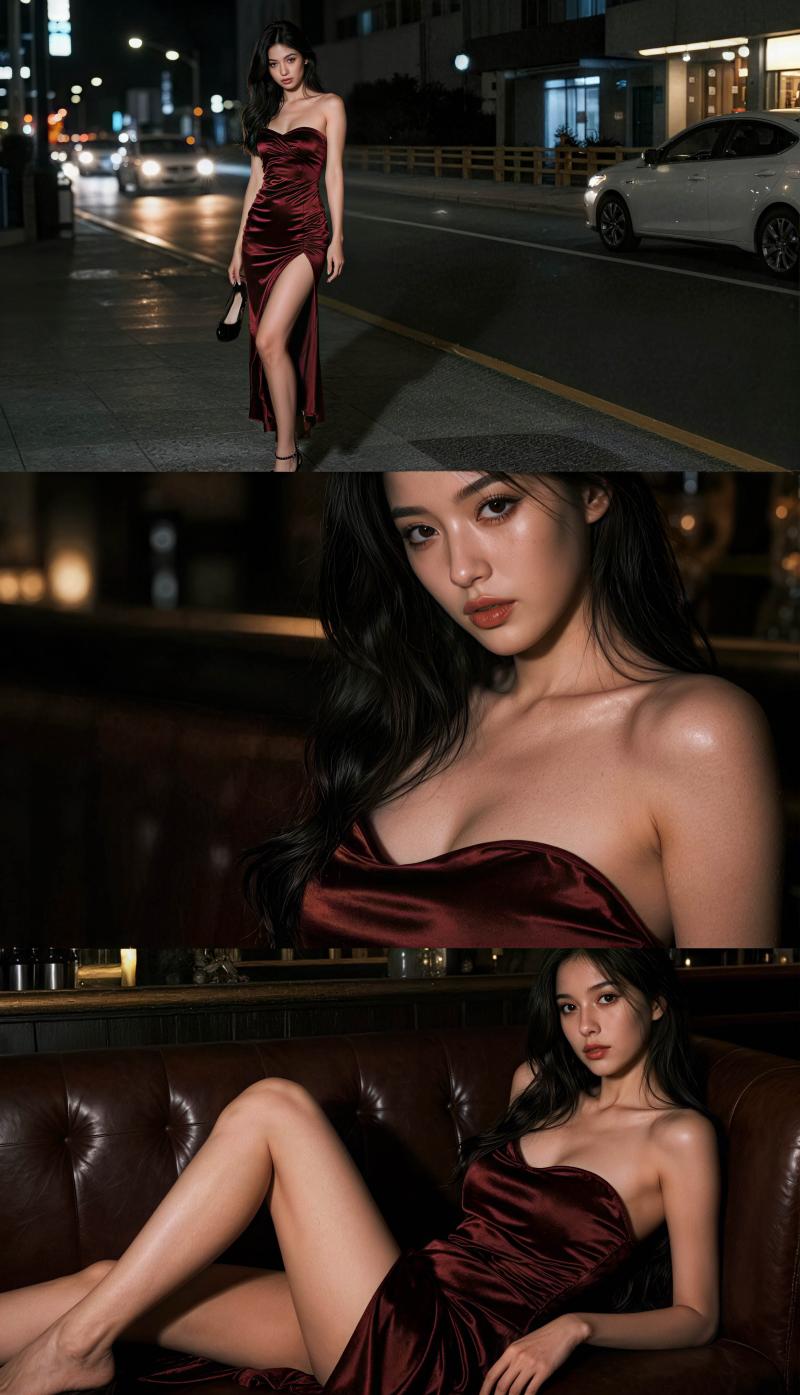 夜の薄暗い街路で、豪華な赤いサテンのドレスを着た女性が茶色の革張りのソファに座ってい...。