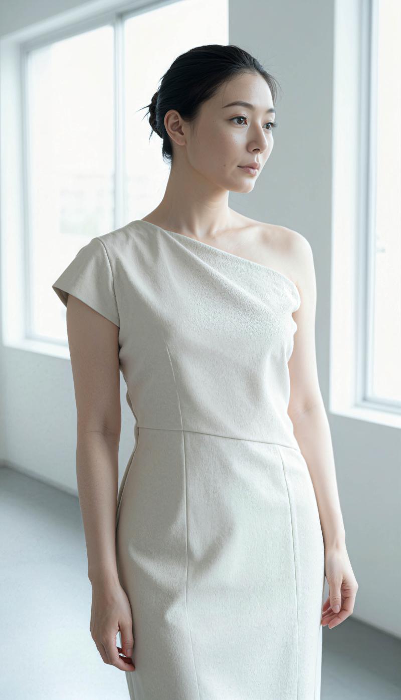 大きな窓のある空の部屋に白いドレスを着た若い女性が立っている様子を、横顔カメラのアン...。