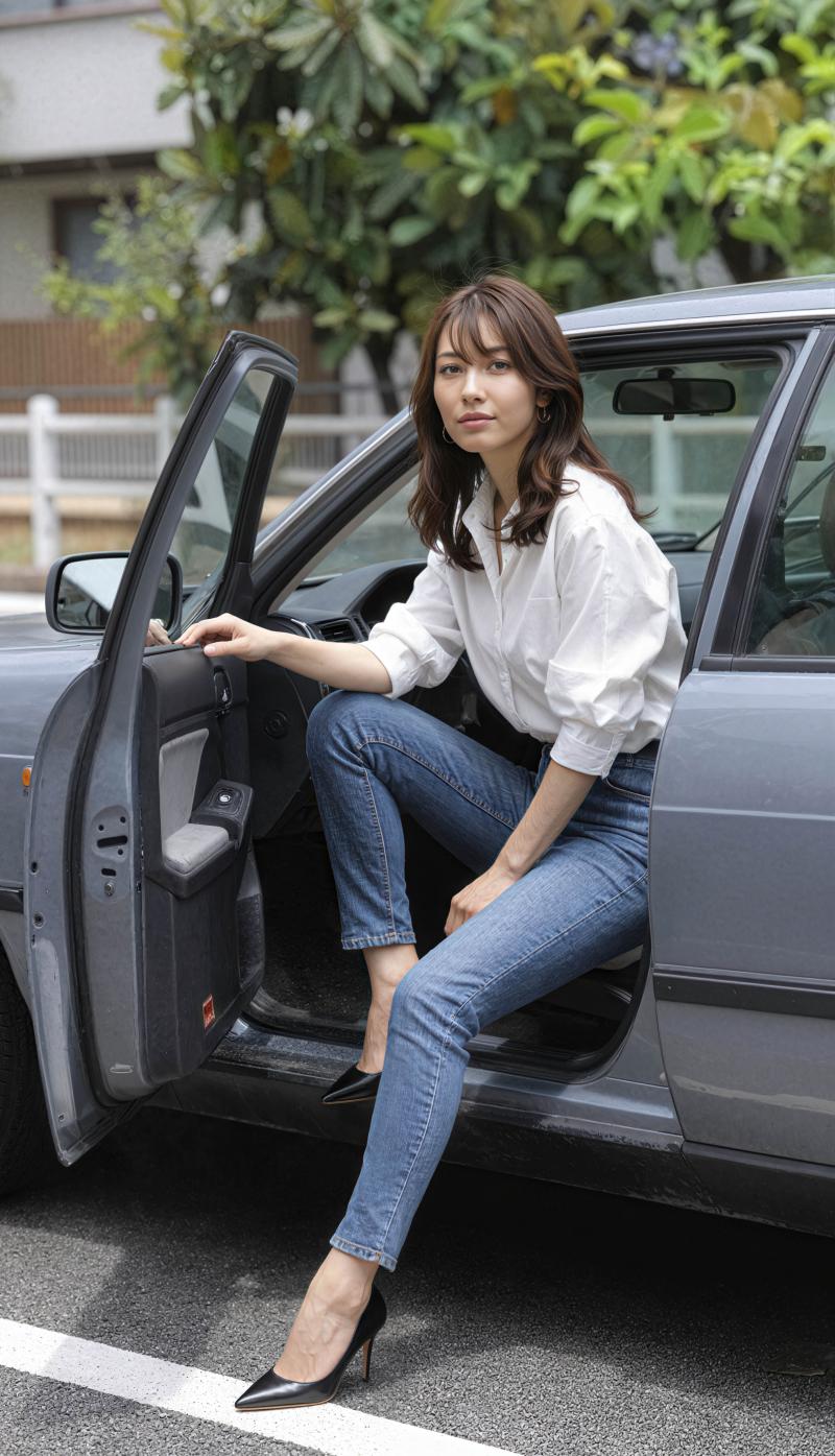 白いブラウスとブルー ジーンズを着て車の運転席に座っている若い女性を横から撮影した写...。