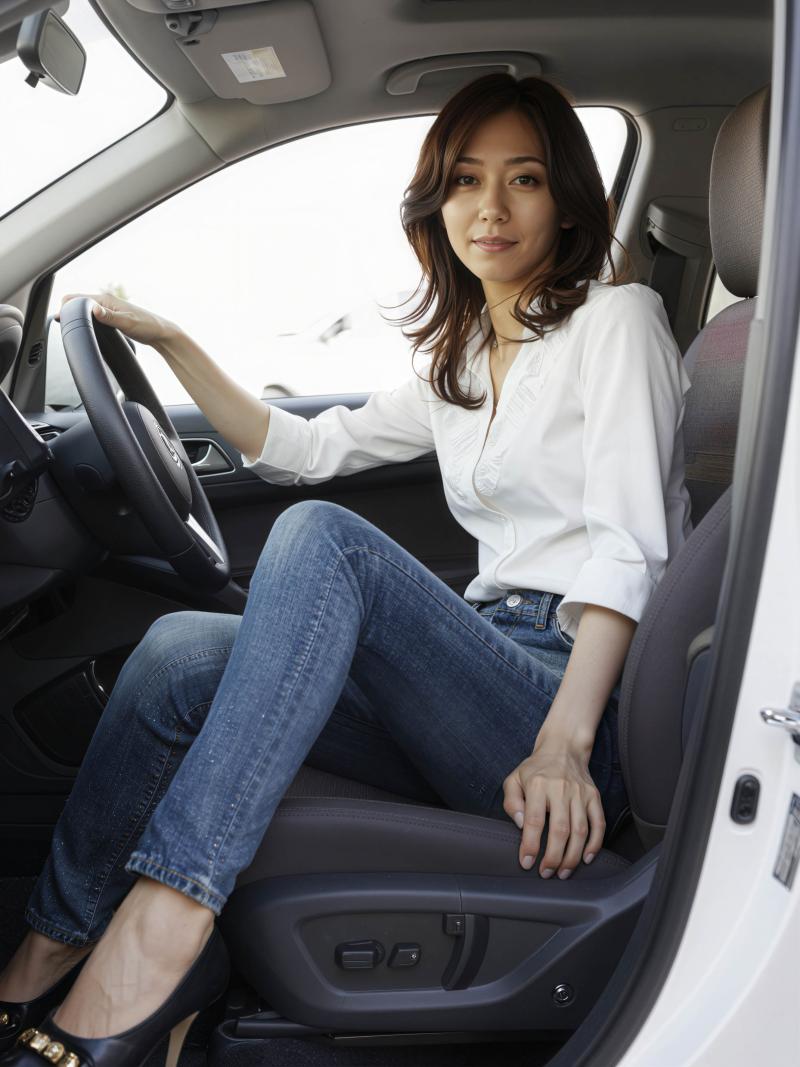 白いブラウスとブルー ジーンズを着て現代の車の運転席に座り、ハンドルを握りながら自信...。