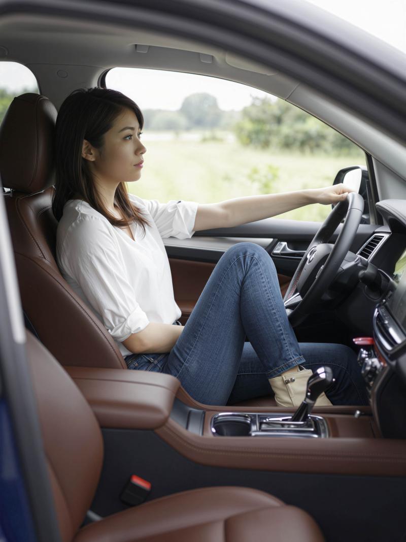 白いブラウスとブルー ジーンズを着て、現代の車の運転席に座っている若い女性を横から撮...。