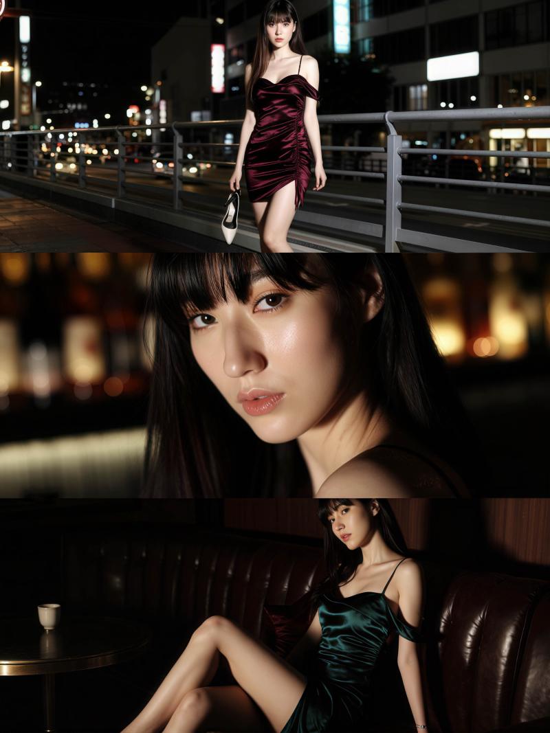 夜の洗練された衣装を着た若い女性をフィーチャーした 3 枚の写真のコラージュから作ら...。