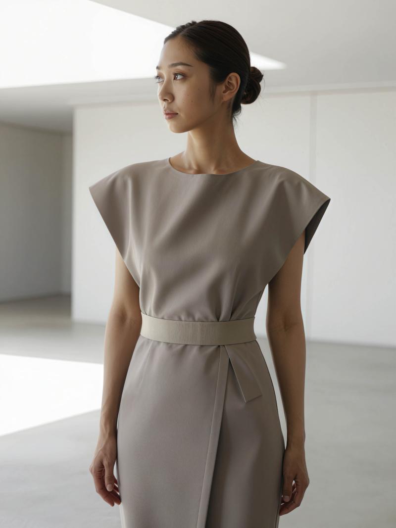 ミニマルな装飾が施された誰もいない部屋にフォーマルなドレスを着た女性が立っている様子...。