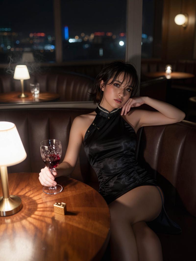 背景の大きな窓から見える街のスカイラインを背景に、薄暗いレストランのソファに座って赤...。