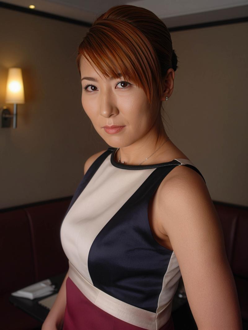 白い肌と高い位置でポニーテールに整えられた茶色の髪を持ち、ノースリーブのネイビーと白...。