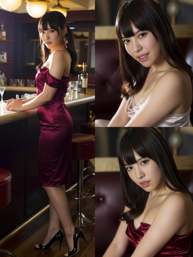 豪華な雰囲気の中で、えび茶色のサテンのドレスと黒いハイヒールを履いた若い女性のポート...。