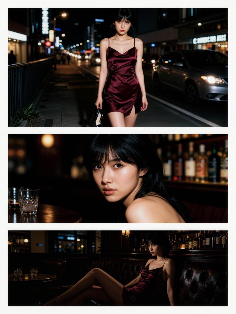 夜の薄暗い街路でバーガンディのサテンのドレスを着た若い女性がポーズをとる、正面からの...。