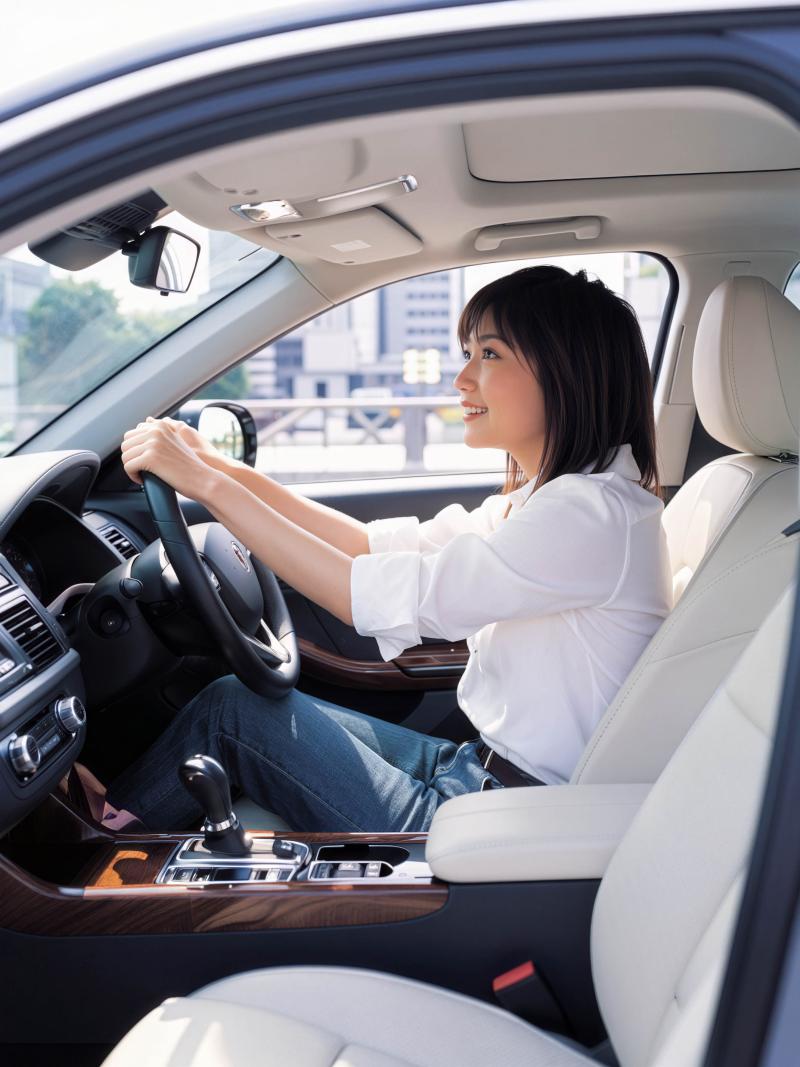 現代の車の運転席に座り、ハンドルを握りながら微笑む若い女性を正面から写実的に撮影したもの。