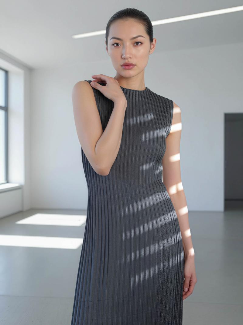 ノースリーブのリブニットドレスを着て、誰もいない部屋に自信を持って立っているモデルを...。