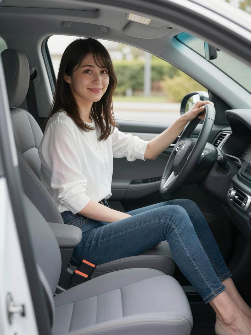 現代の車の運転席に座り、ハンドルを握りながら自信に満ちた笑みを浮かべている若い女性を...。