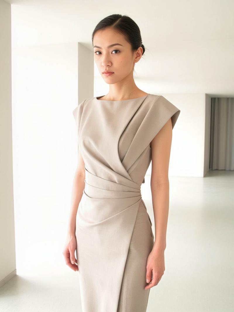 誰もいない部屋にフォーマルなドレスを着て自信を持って立っている女性を正面カメラのアン...。