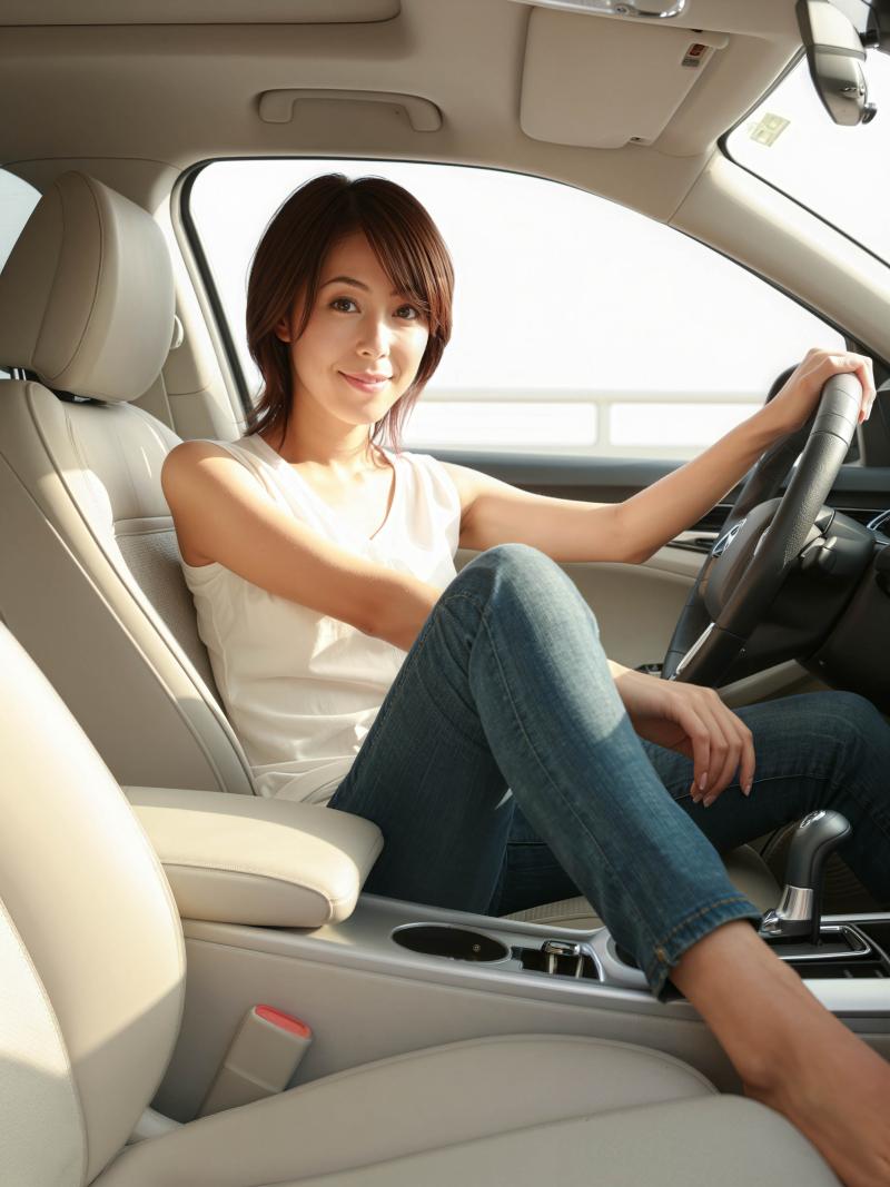 現代の車の運転席に座り、ハンドルを握りながら自信に満ちた笑みを浮かべている若い女性を...。