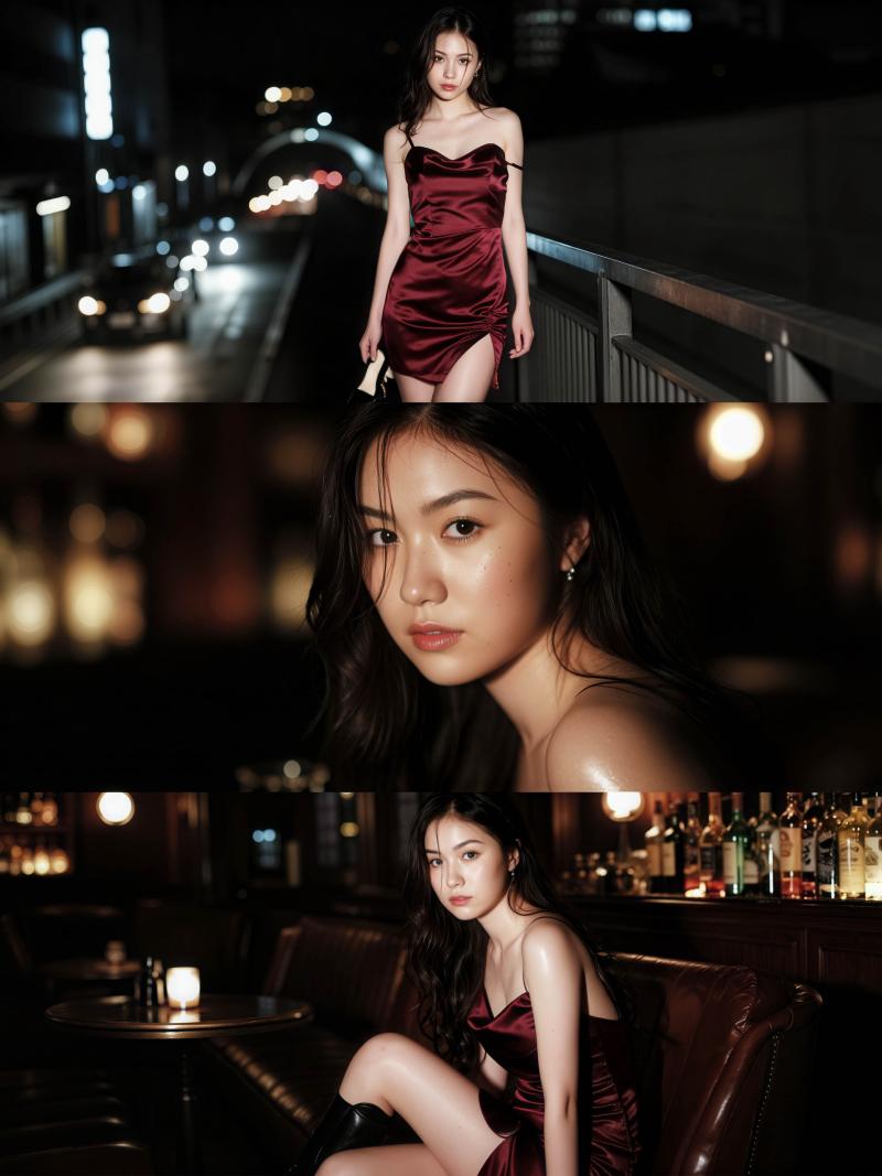 薄暗いバーの中で赤いサテンのドレスを着てポーズをとる若い女性を、コラージュの角度から...。