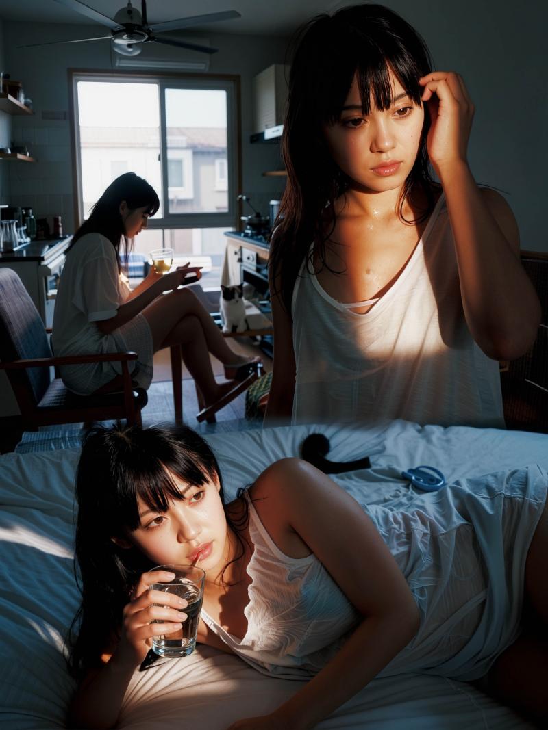 居心地の良い雰囲気の薄暗い部屋で 2 人の若い女性を撮影した 2 枚の写真をフィーチ...。