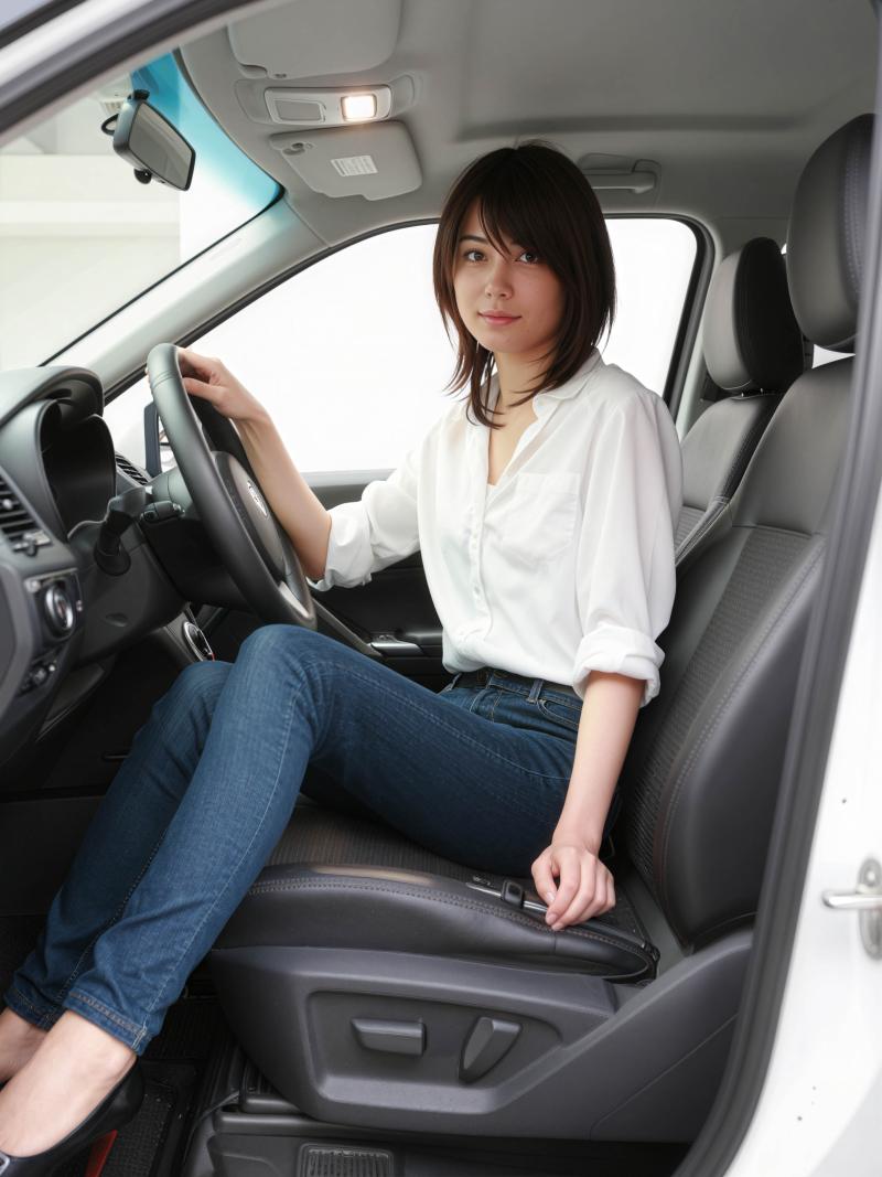 白いブラウスとブルー ジーンズを着て、現代の車の運転席に座っている若い女性を正面から...。