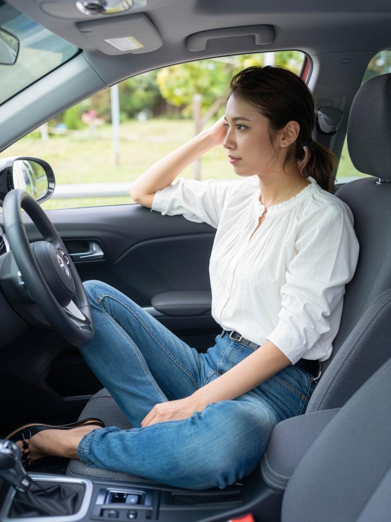 白いブラウスとブルー ジーンズを着て、現代の車の運転席に座っている若い女性を横から撮...。