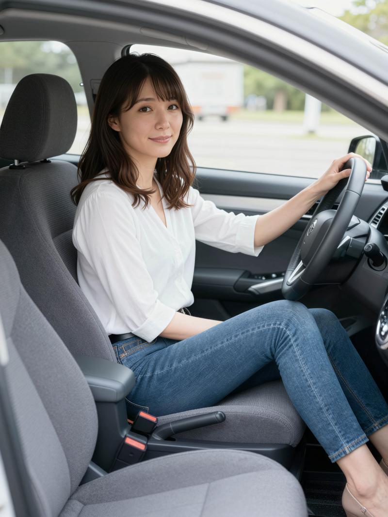 現代の車の運転席に座り、ハンドルを握りながら自信に満ちた笑みを浮かべている若い女性を...。