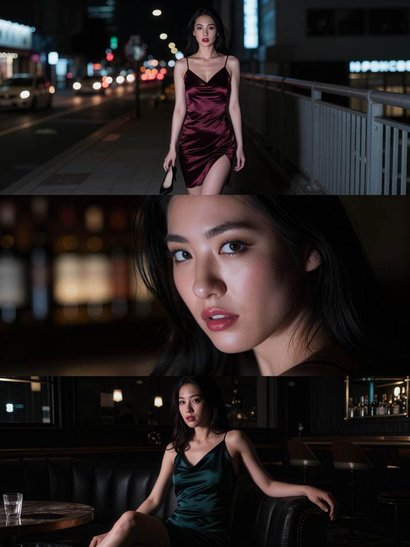 夜の薄暗い都会の環境で若い女性をフィーチャーした 3 枚の写真のコラージュからの写実...。