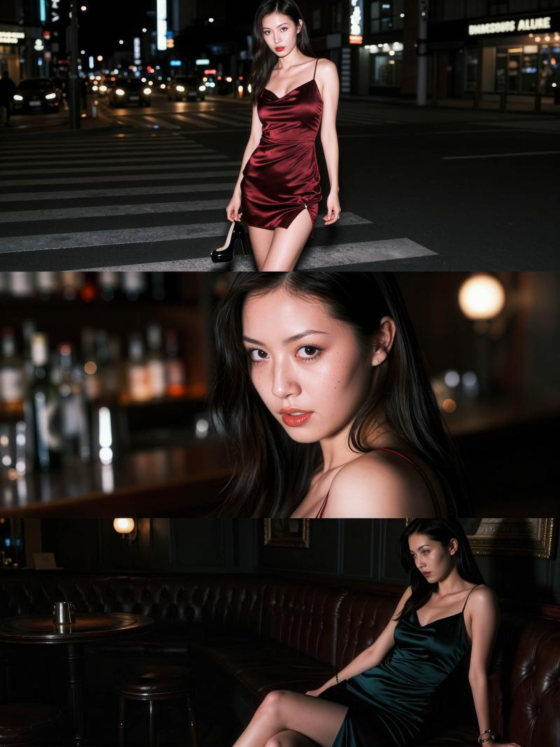 夜の街路で魅惑的なポーズをとる女性をフィーチャーした 3 枚の写真のコラージュから写...。