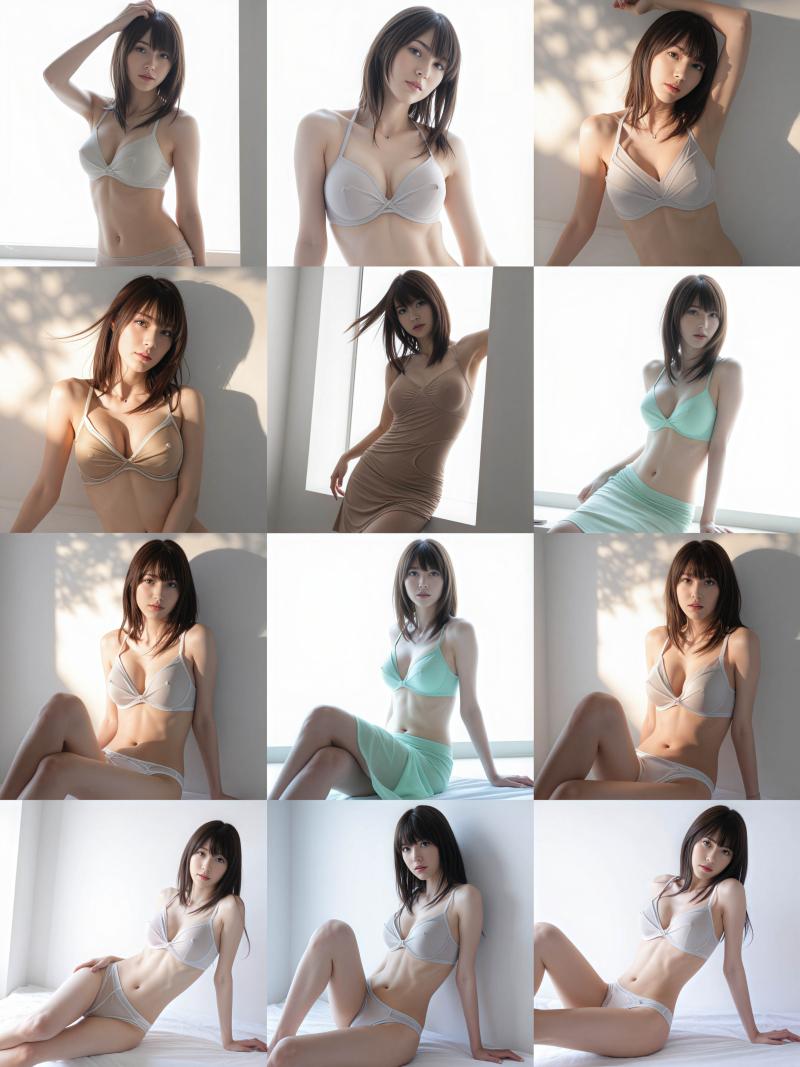 さまざまなポーズの若い女性をフィーチャーした 9 枚の写真のコラージュから作られた写...。