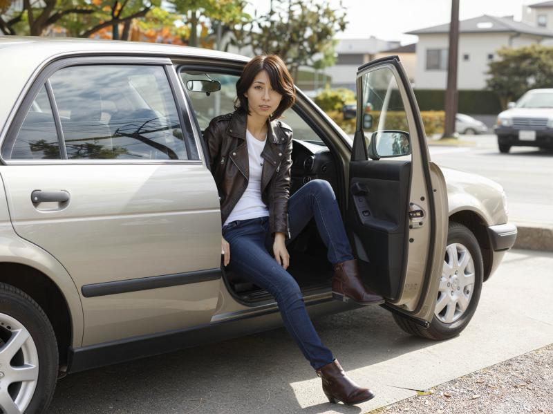 茶色の革ジャケット、白い T シャツ、ブルー ジーンズを着て、銀色の SUV の運転...。