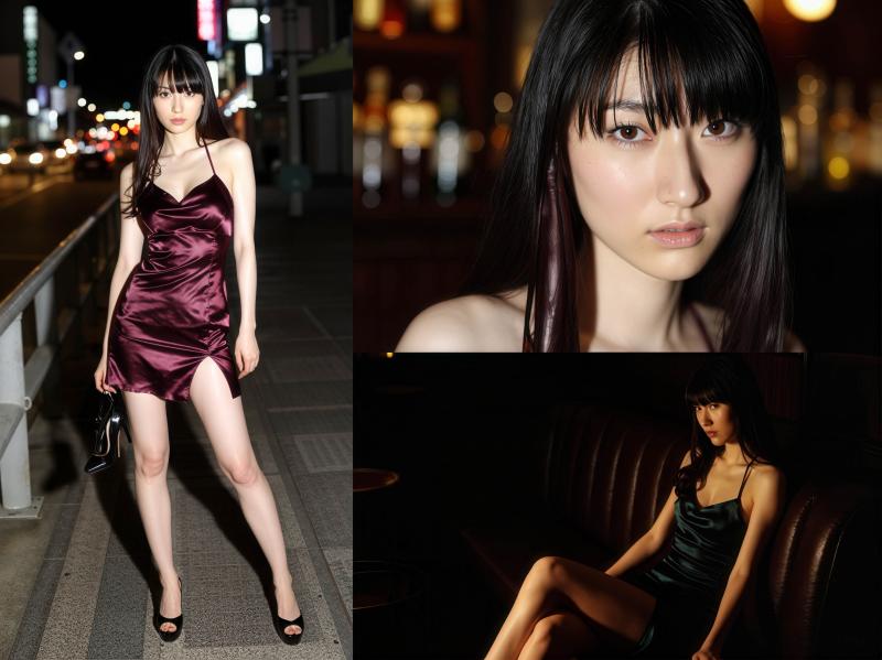 夜の薄暗い都会の環境で自信を持ってポーズをとる若い女性を正面カメラのアングルから写実...。