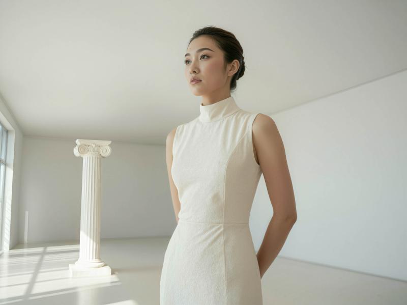 白い柱を背景に、誰もいない部屋に白いノースリーブのドレスを着た若い女性が自信を持って...。