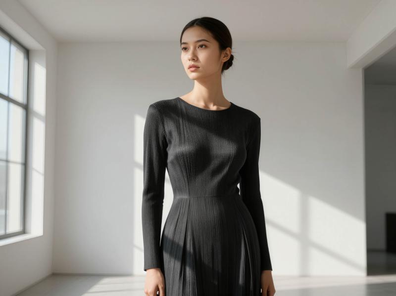 大きな窓のある空の部屋に立ち、長袖とプリーツスカートのミニマルな黒のドレスを着た若い...。