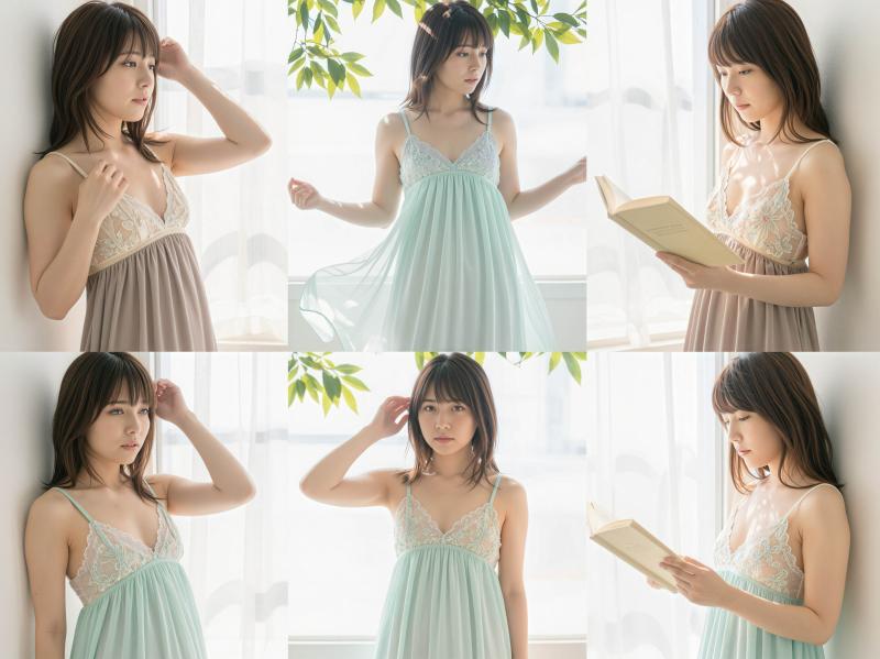 明るい色のナイトガウンを着た若い女性が窓の前でさまざまなポーズを取り、開いた本を持っ...。