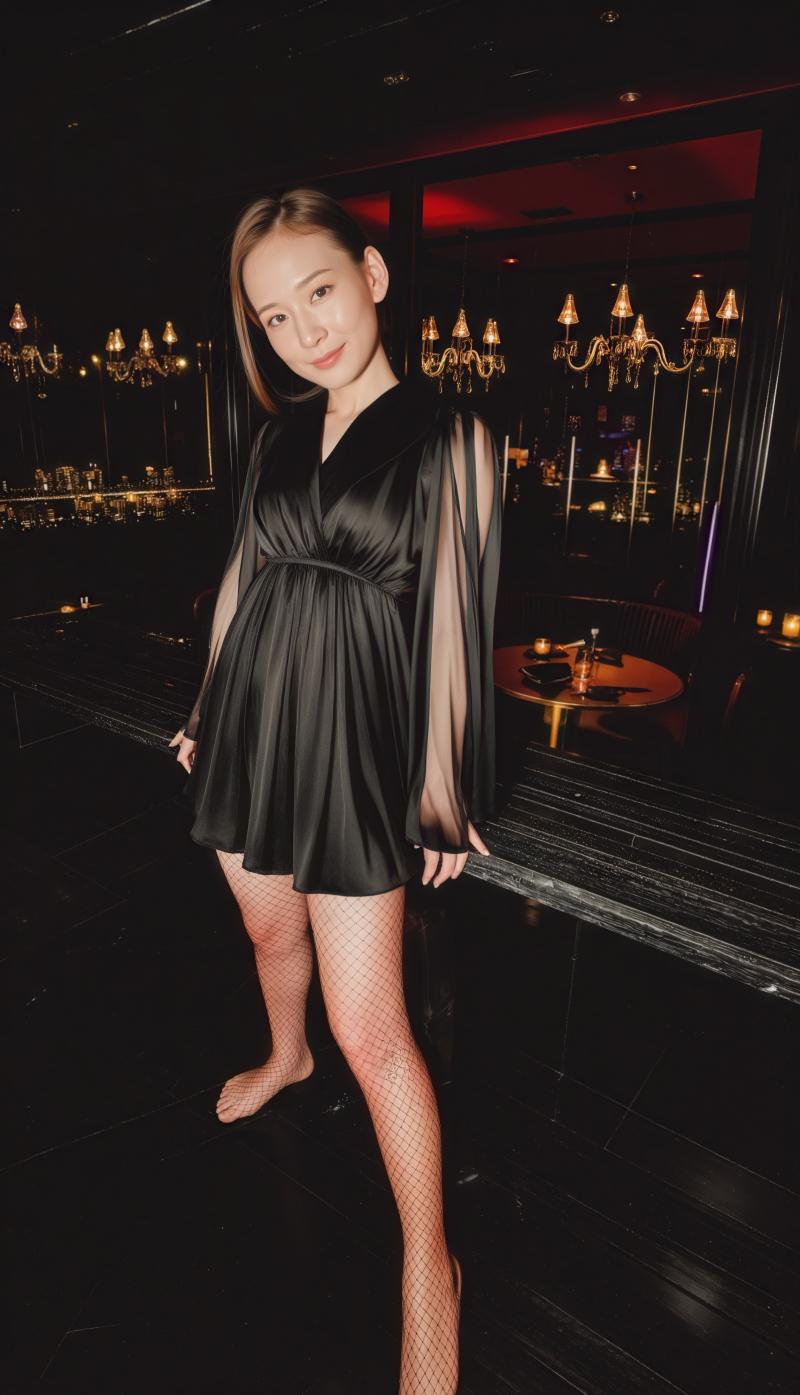 街並みの景色を背景に、薄暗い部屋で自信を持って立っている若い女性を全身カメラ アング...。