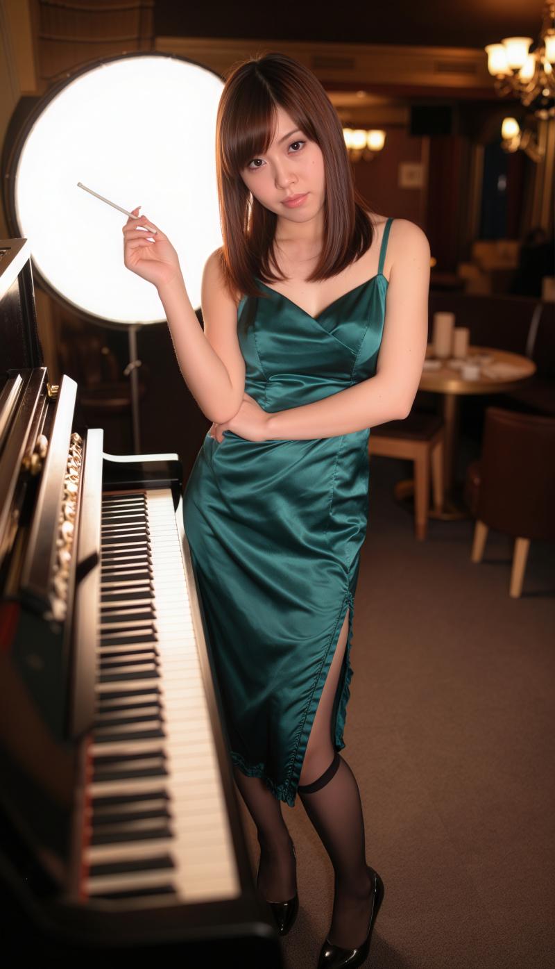 薄暗い部屋のグランドピアノの近くに立つ、青緑のサテンのドレスを着た若い女性を正面カメ...。