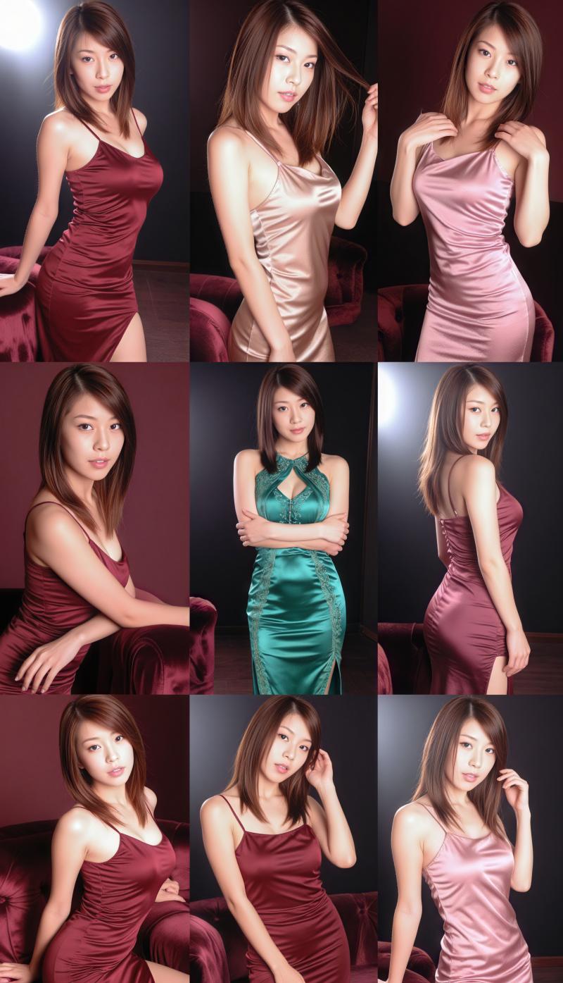 さまざまなスタイルや色のドレスを紹介しながら、さまざまなポーズをとる若い女性の 9 ...。