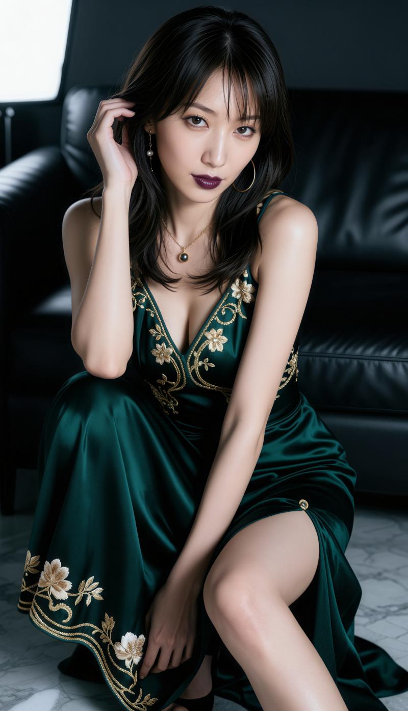 ゴールドの花柄の刺繍が施された豪華な緑色のドレスを着た女性が、洗練されたリビング ル...。