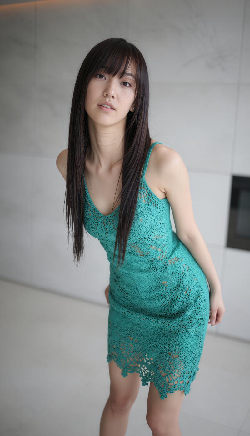 屋内で自信を持ってポーズをとるターコイズブルーのかぎ針編みのドレスを着た若い女性をポ...。