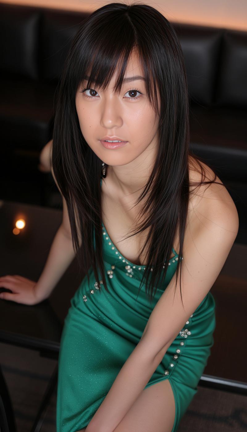 薄暗い部屋のテーブルに座る、緑のドレスを着た長い黒髪の若い女性をポートレートアングル...。