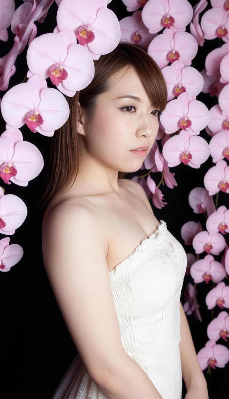 ピンクの蘭の花で飾られた長い茶色の髪をした若い女性が暗い背景の前に立っている、ポート...。