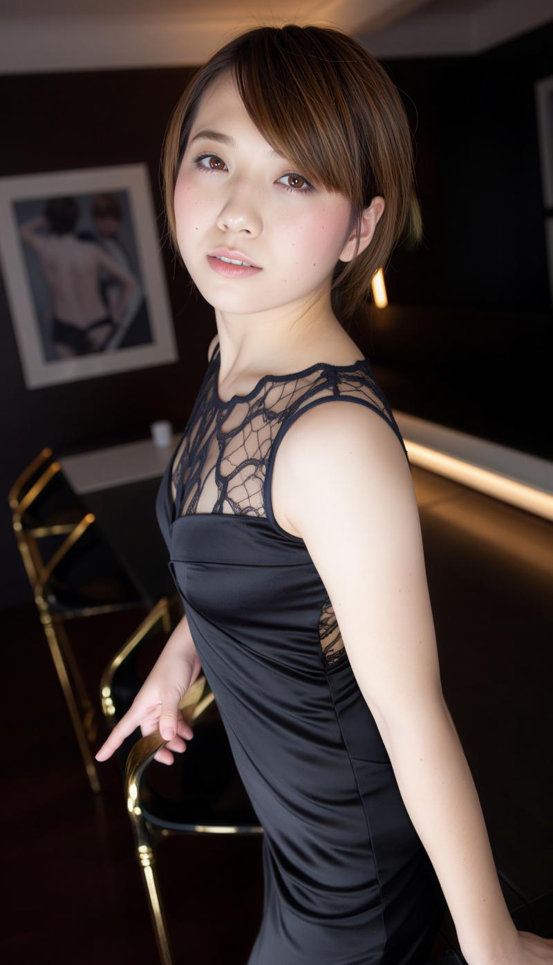 レースのディテールが施された黒いドレスを着て、フォーマルな環境でポーズをとる若い女性...。