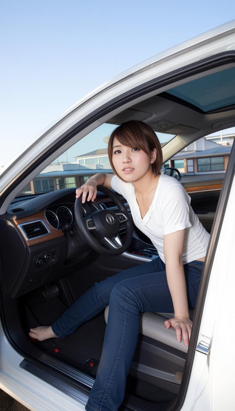 現代の車の運転席に座り、中立的な表情でカメラをまっすぐ見つめている若い女性を横から撮...。
