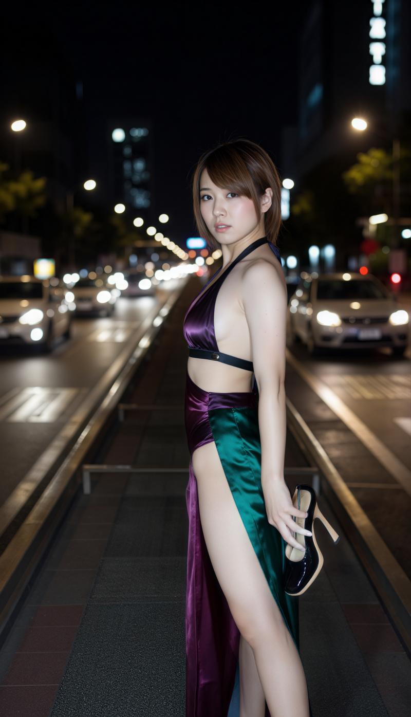 夜の街路で、露出の高い紫と緑のスリットの入ったドレスを着て画像の中央に立って自信を持...。