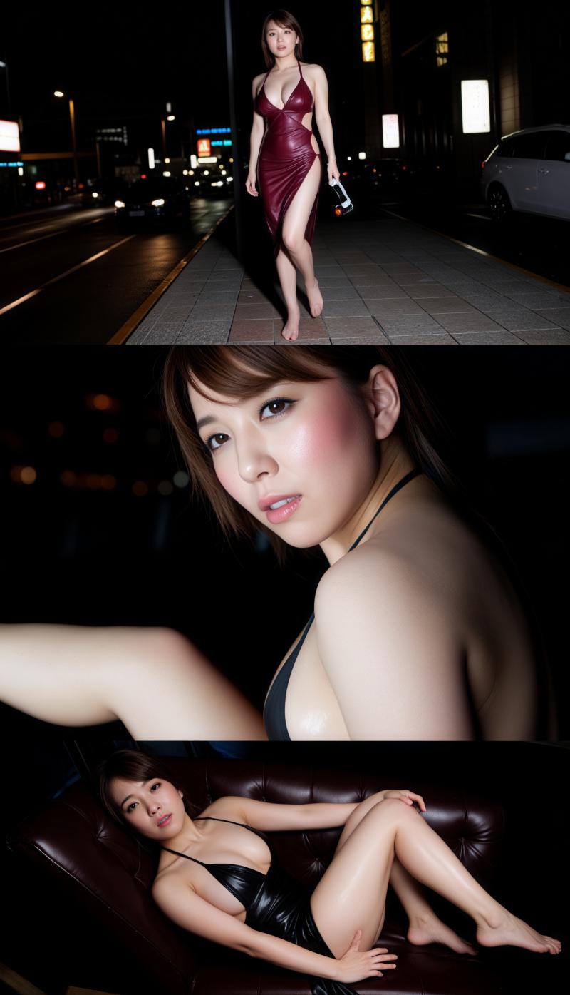 夜の街路で、露出度の高いタイトな赤いドレスを着て自信を持ってポーズをとる若い女性をフ...。