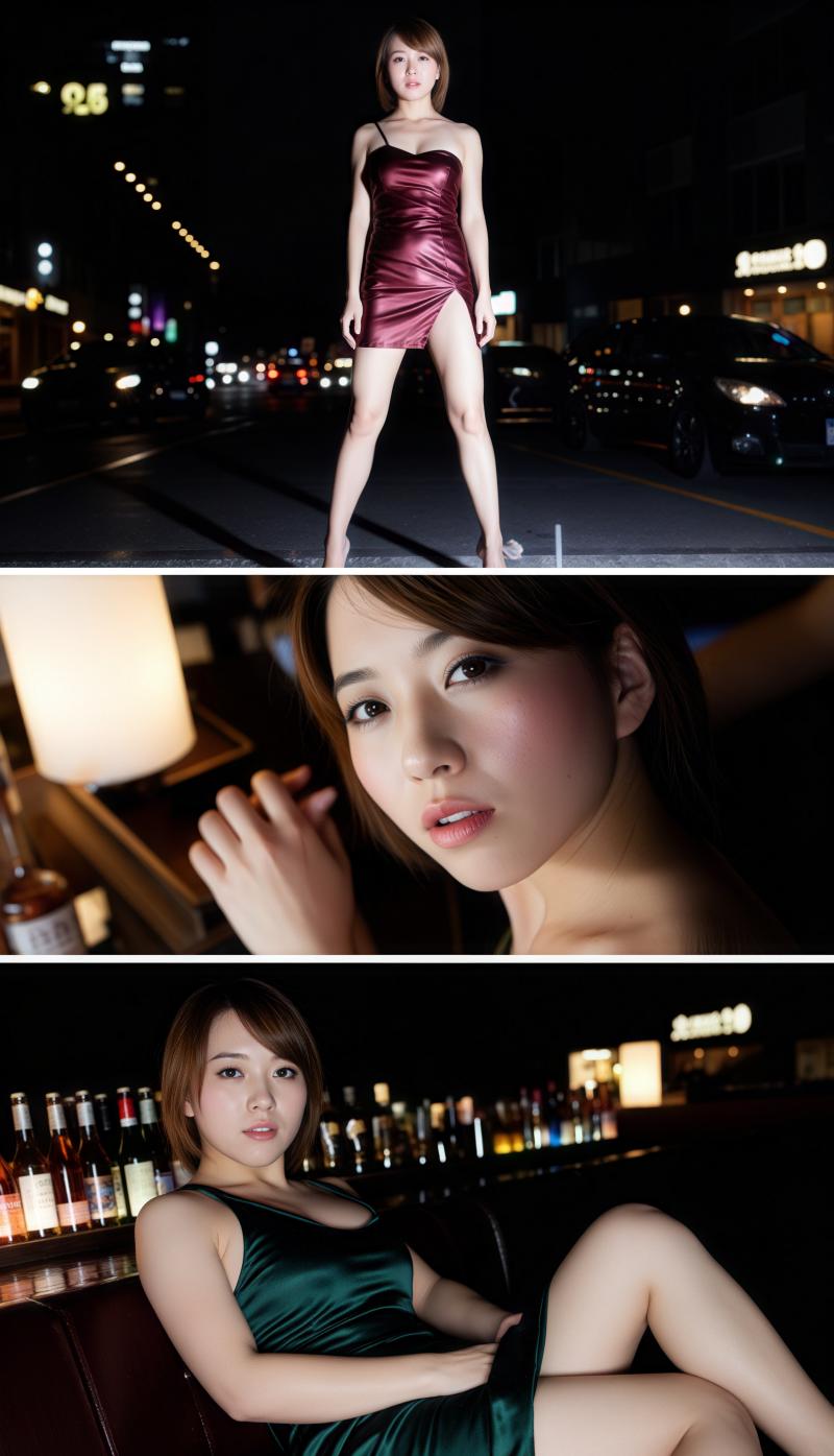 夜の薄暗い街路で、絹のような赤い短いドレスを着てポーズをとる若い女性を、トップダウン...。