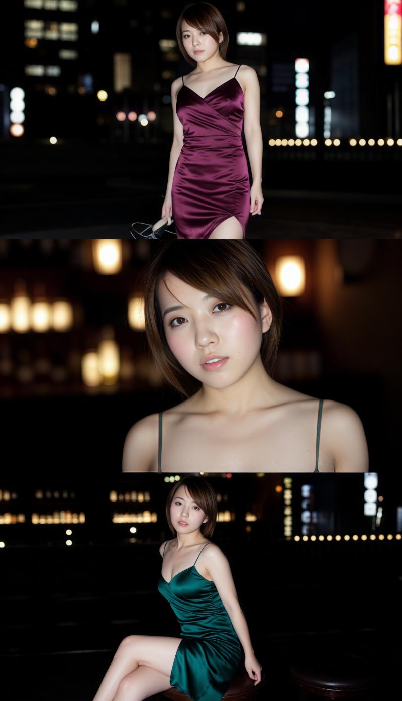 夜の薄暗い街並みの中で、絹のような紫色の短いドレスを着てポーズをとる若い女性を正面カ...。