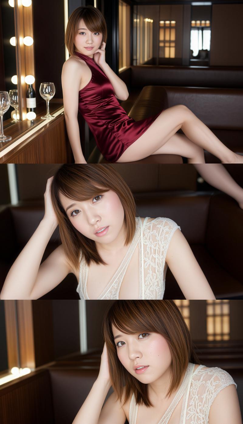 赤いサテンのドレスと白いレースのトップを着て、豪華な室内環境でポーズをとる若い女性を...。