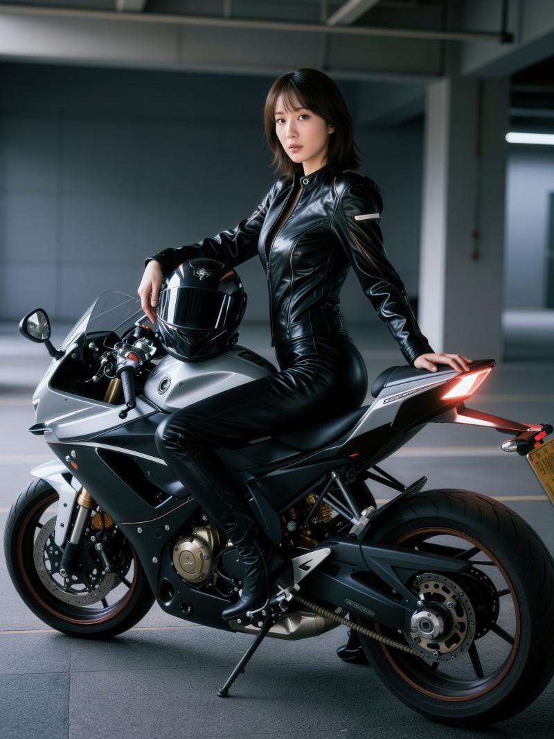 薄暗い駐車場で、洗練された黒の革服を着た若い女性がバイクに座っている様子を横から撮影...。