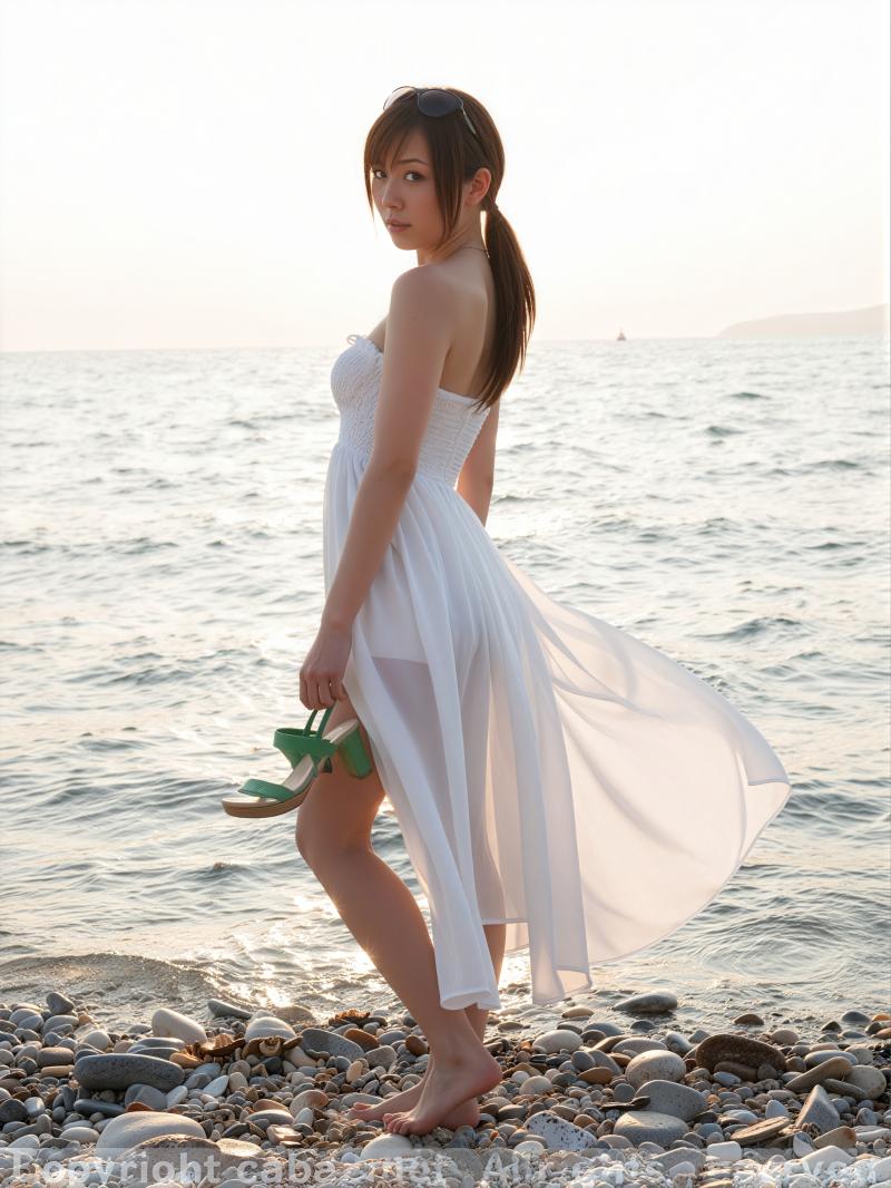 夕暮れ時に小石のビーチに立つ、白いドレスを着た若い女性が緑色のサンダルを履いている様...。