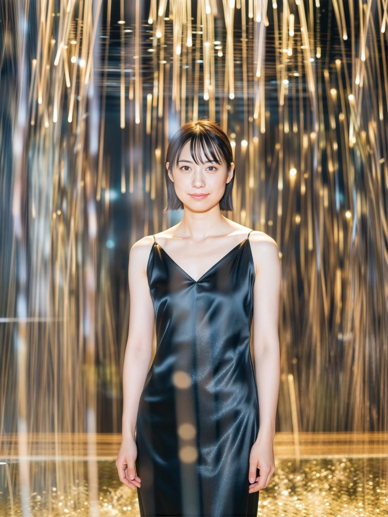 絹のような黒いスリップ ドレスを着て、フレームの中央に立つ若い女性の写実的なポートレート。