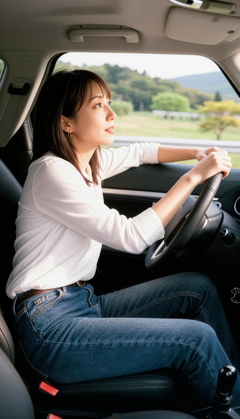 白い長袖シャツとブルー ジーンズを履いて車の運転席に座っている若い女性を横から撮影し...。