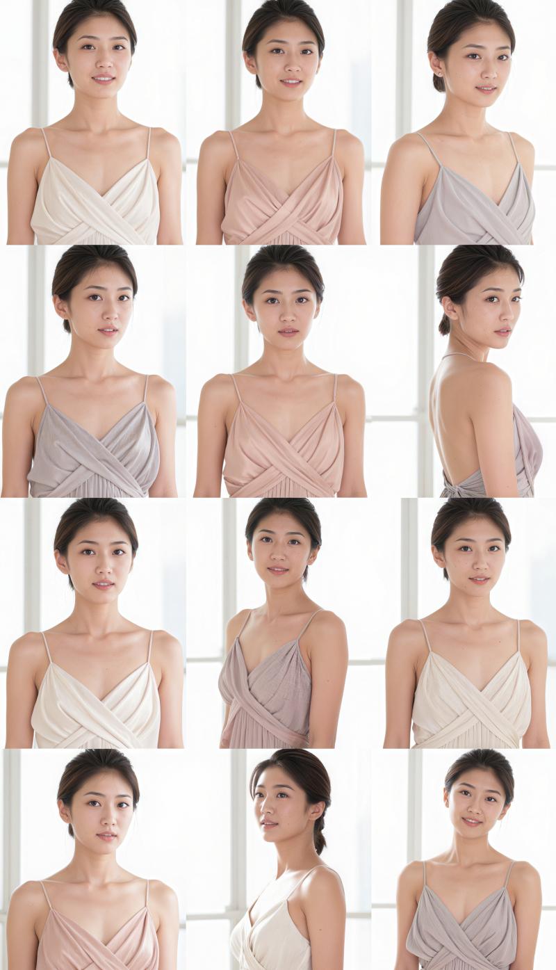 複数の写真が格子状に配置され、複数の行と列で表示された若い女性の写実的なポートレート。