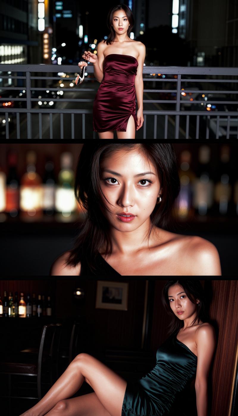 夜の街のスカイラインを背景にした豪華で洗練された環境の中で、若い女性のポートレートを...。